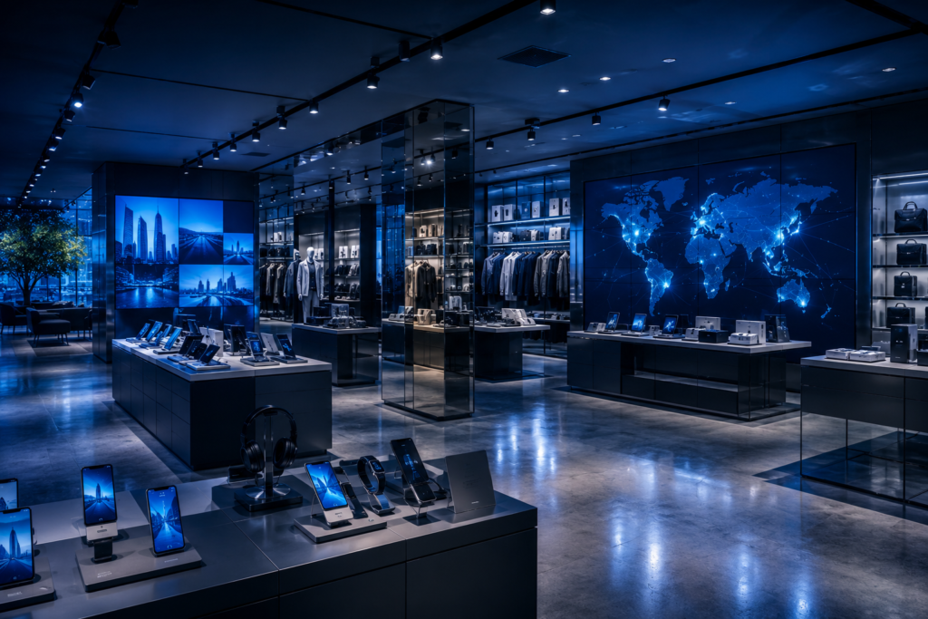Moderno entorno comercial minorista que muestra un proyecto de instalación minorista global completado con exhibidores de alta gama, tecnología digital, accesorios para tiendas y un diseño de tienda contemporáneo.