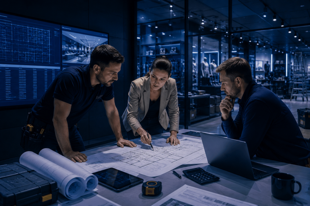 El equipo del proyecto de instalación comercial revisa los planos técnicos, los cronogramas y los planes de instalación antes de entregar un proyecto de acondicionamiento comercial.