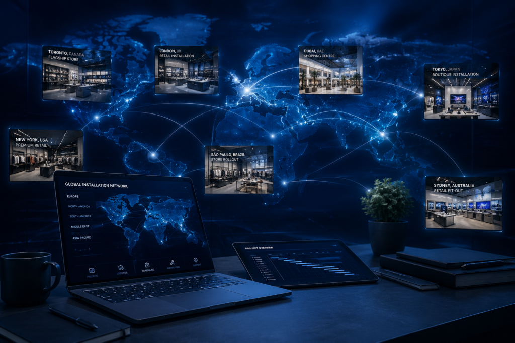 Red global de servicios de instalación minorista que conecta proyectos minoristas internacionales, acondicionamientos comerciales y socios de instalación en múltiples países.