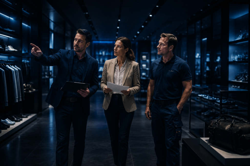 Manager professionista di installazione al dettaglio, coordinatore di progetto e tecnico che esamina un negozio di lusso prima dell'installazione nell'ambito della piattaforma globale Install & Transport.