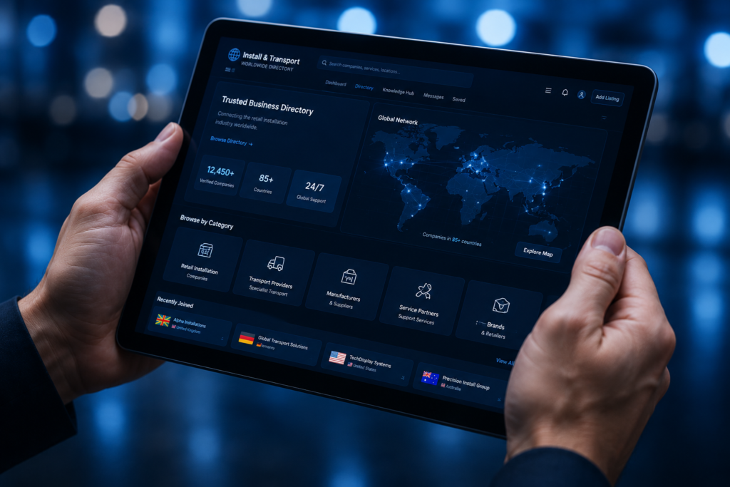 Professionista con in mano un tablet su cui è visualizzata la directory “Install & Transport worldwide”, che mette in contatto aziende di installazione al dettaglio, operatori di trasporto specializzati, produttori, fornitori e partner commerciali nel Regno Unito, in Europa e in tutto il mondo.