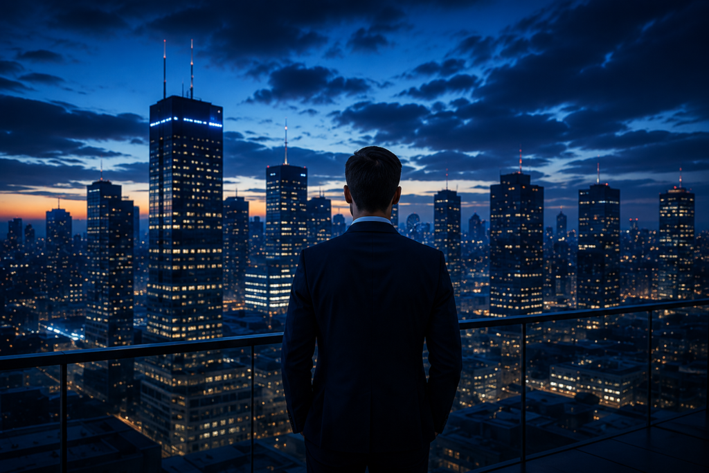 Un dirigente d'azienda che ammira lo skyline di una città moderna, a simboleggiare i valori, la visione e la crescita a lungo termine della directory mondiale Install & Transport.