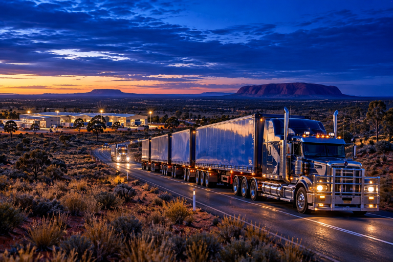Retail industry in Australia with road train logistics supporting retail, manuAustralian road train trucks representing transport and logistics in the retail industry in Australiafacturing and distribution