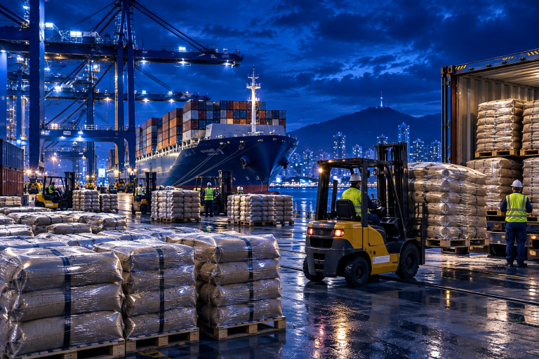 Coffee export pallets at a Colombian port representing the retail industry in ColombiaColombia’s coffee industry connects domestic production with ports, international trade and retail markets around the world.