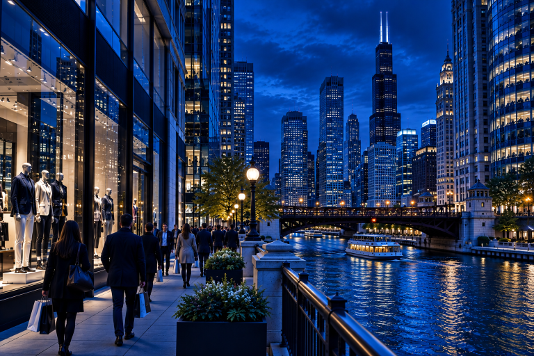 Chicago riverfront retail district representing the retail industry in Illinois