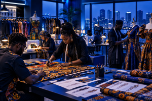 Nigerian fashion designers working in a Lagos studio representing the retail industry in Nigeria