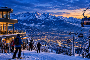 Alpine ski resort near Innsbruck, Austria, with skiers, cable cars and snow-covered mountains overlooking a city.