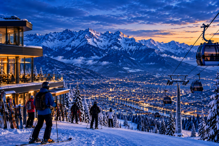 Retail Industry in Austria: Vienna, Alpine Tourism, Precision Manufacturing, Logistics and Central European Trade 6 Alpine ski resort near Innsbruck, Austria, with skiers, cable cars and snow-covered mountains overlooking a city.