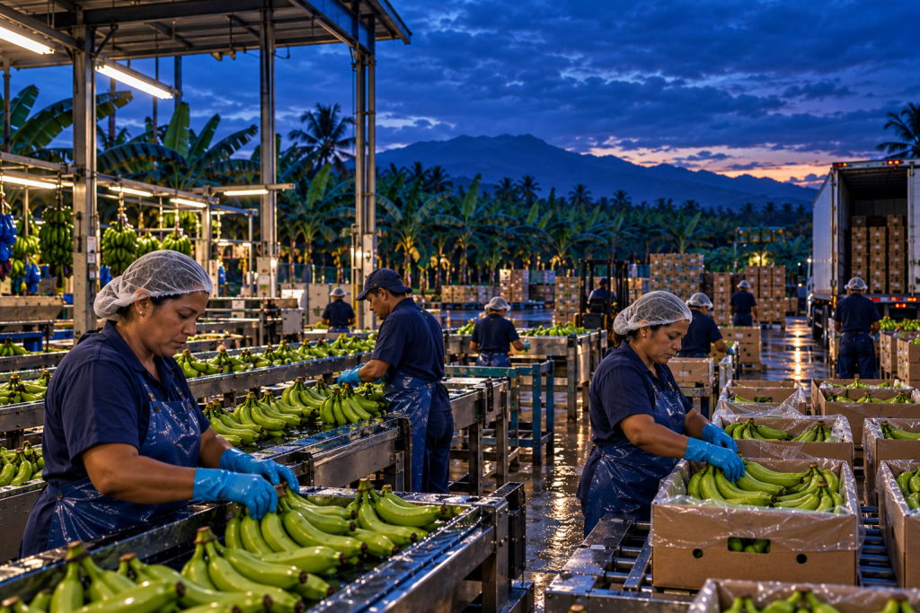 Handel in Ecuador: Quito, Guayaquil, Bananenexport, Kakaoherstellung, Logistik und Pazifikhandel 1 Ecuadorische Bananenverpackungsanlage mit Mitarbeitern, die grüne Bananen für den internationalen Einzelhandel und den Exportmarkt sortieren und verpacken