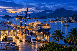Retail industry in Fiji supported by maritime logistics, showing a cargo ship, containers, warehouses and freight transport at a Pacific island port