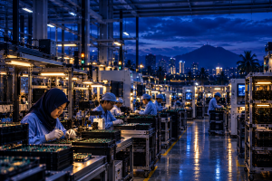 Electronics manufacturing in Malaysia with technicians assembling circuit boards in a modern factory