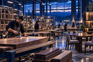Furniture manufacturing in North Carolina with skilled workers producing wooden tables and chairs in a modern workshop