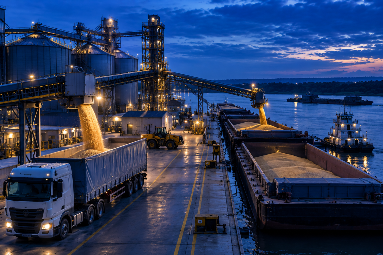 Retail Industry in Paraguay: Asunción, Manufacturing, Agriculture, Logistics and South America’s Regional Trade Connections 8 Soybean export logistics in Paraguay with grain silos, a freight lorry and cargo barges at a river terminal