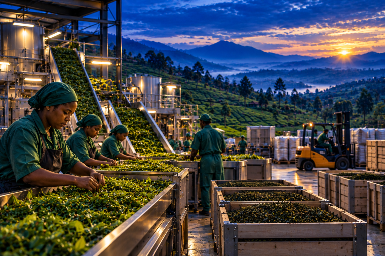 Retail Industry in Rwanda: Kigali, Local Manufacturing, Logistics and East Africa’s Emerging Commercial Market 9 Tea processing in Rwanda with workers sorting tea leaves for domestic retail and international export