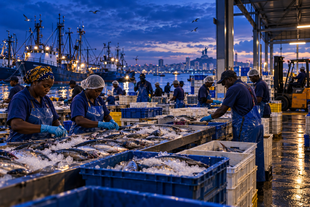 Retail Industry in Senegal: Dakar, Fishing, Food Manufacturing, Textiles, Logistics and West African Trade 1 Seafood processing in Dakar, Senegal, with workers sorting fresh fish on ice at a coastal facility supporting international retail and export markets