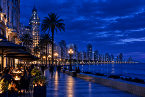 Montevideo waterfront retail district at blue hour representing the retail industry in Uruguay