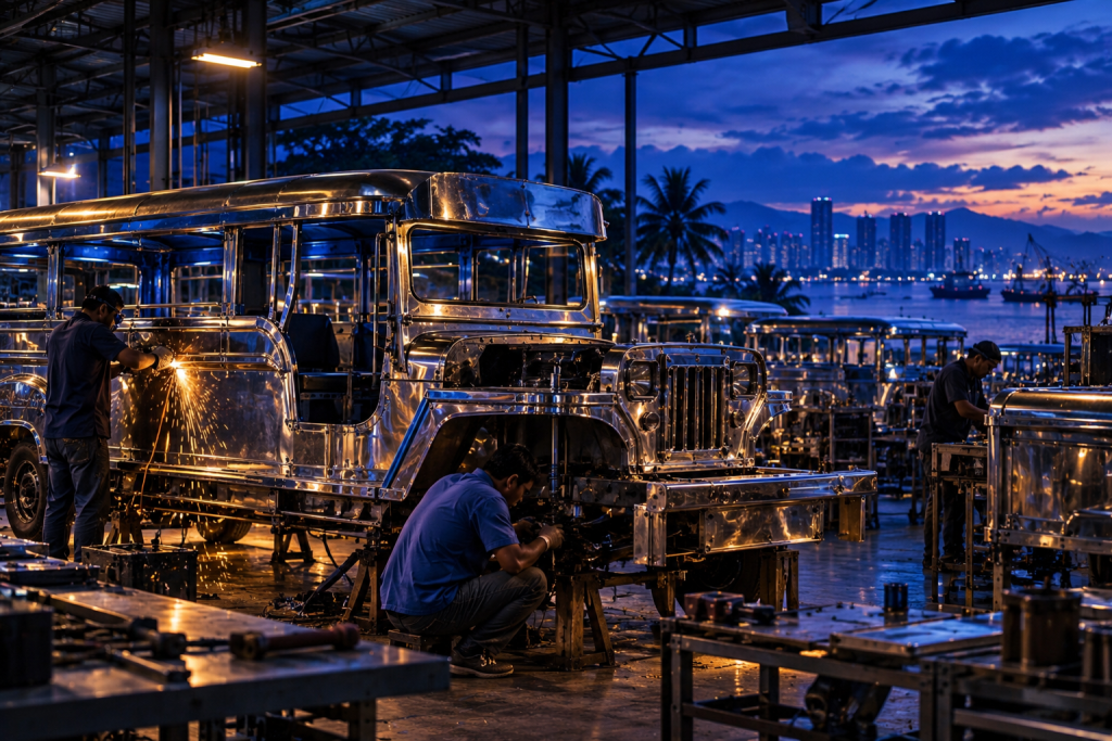 Retail Industry in the Philippines: Manila, Electronics Manufacturing, Island Logistics, Consumer Brands and Southeast Asian Trade 1 Traditional Filipino jeepney manufacturing workshop with skilled workers assembling and welding a chrome jeepney in the Philippines